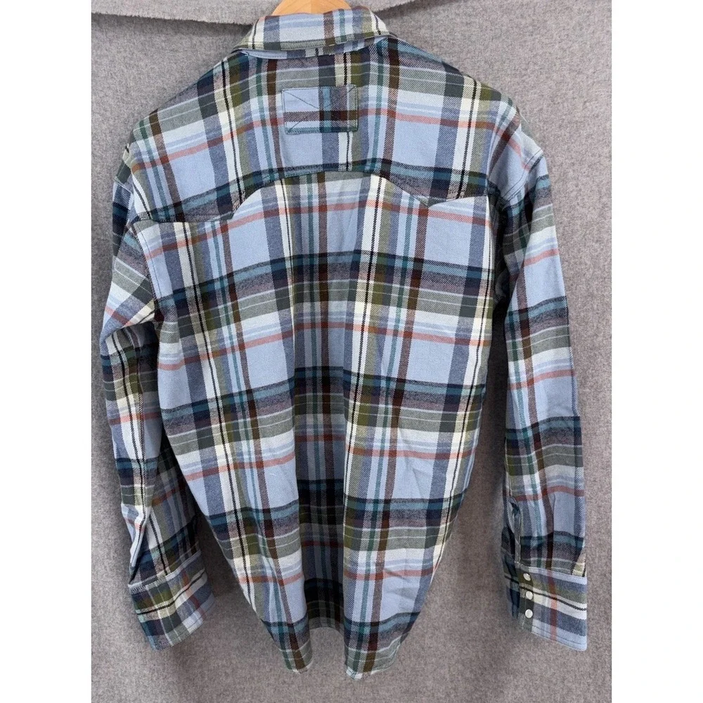 New Free People We The Free Hideaway Plaid Shirt Pearl Snap Blue Large Boho